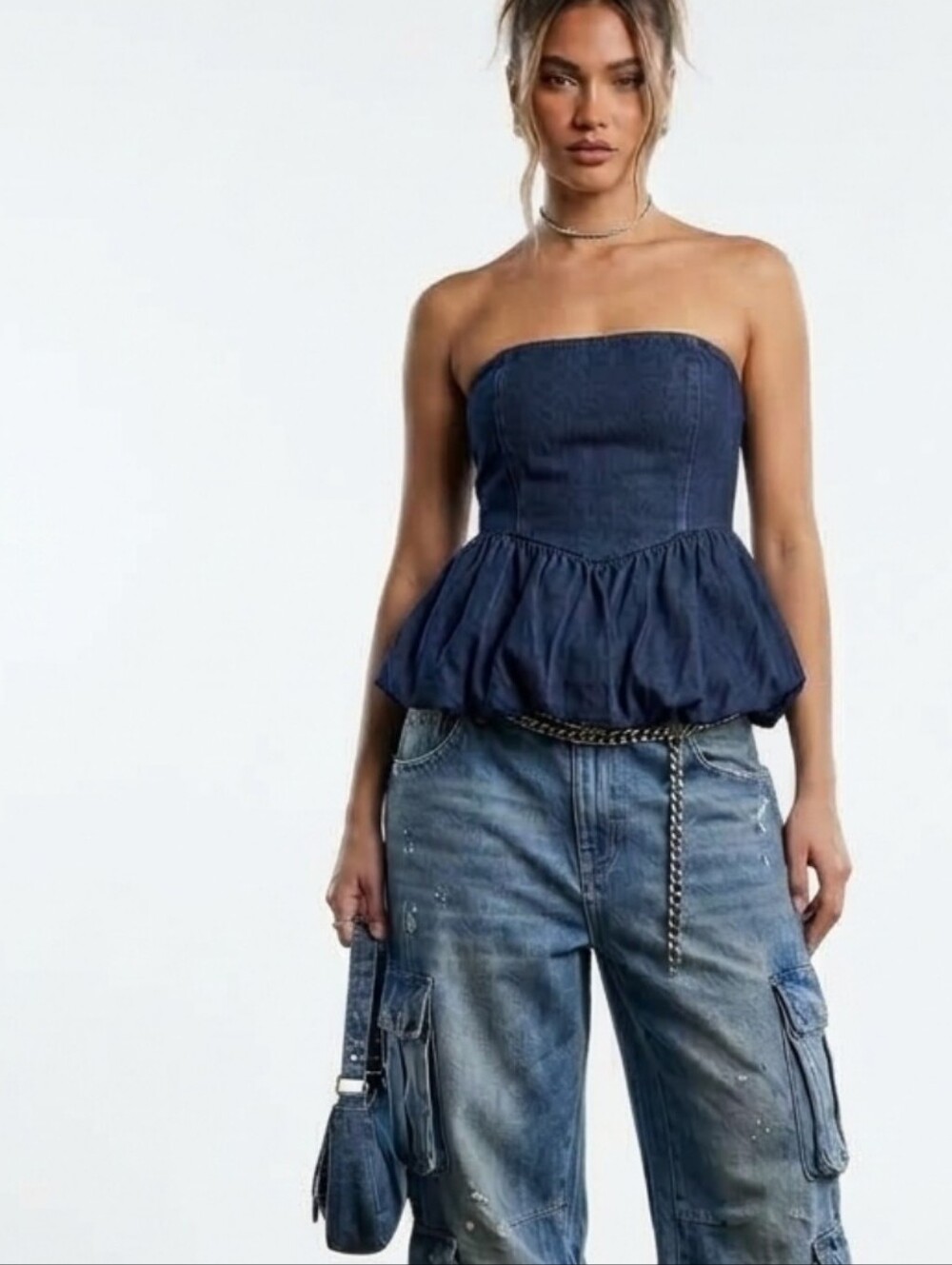 Dakota Blue Dark Blue Denim Bubble Strapless Top